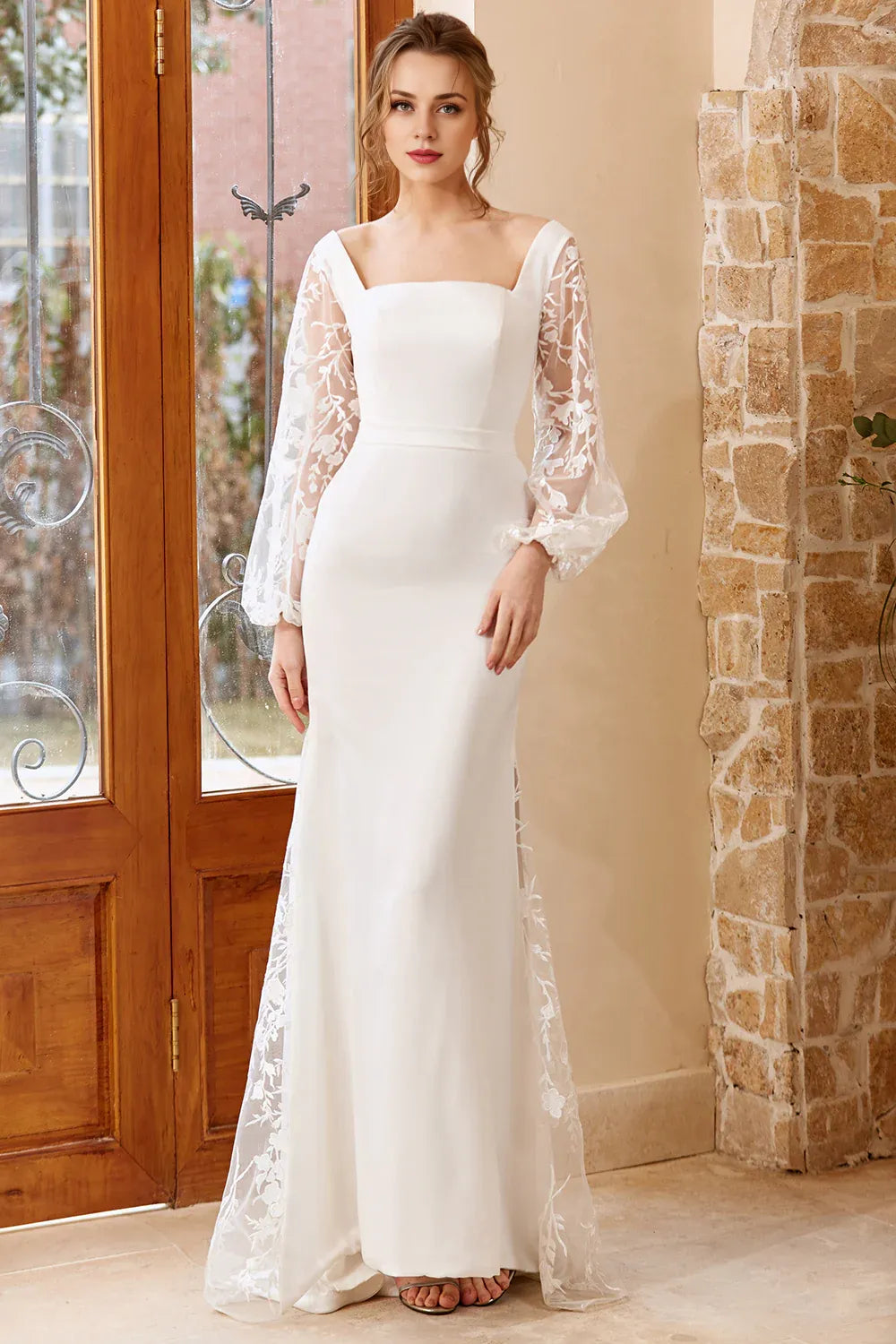 Mermaid Square Neck Long Sleeve Up Sweep/Brush Train Wedding Dress