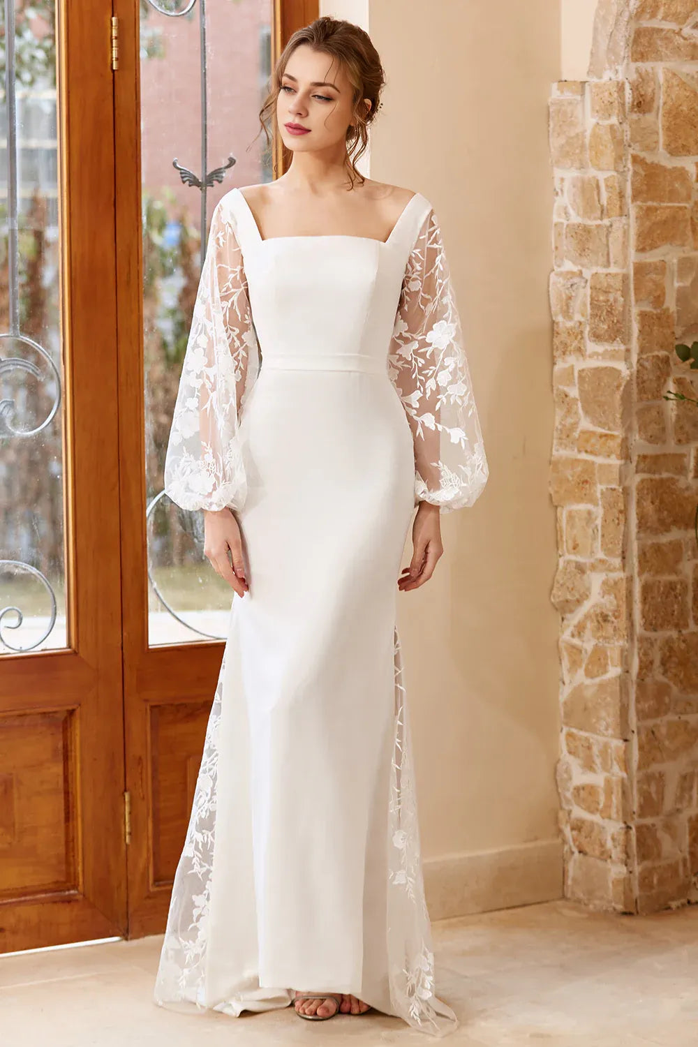 Mermaid Square Neck Long Sleeve Up Sweep/Brush Train Wedding Dress