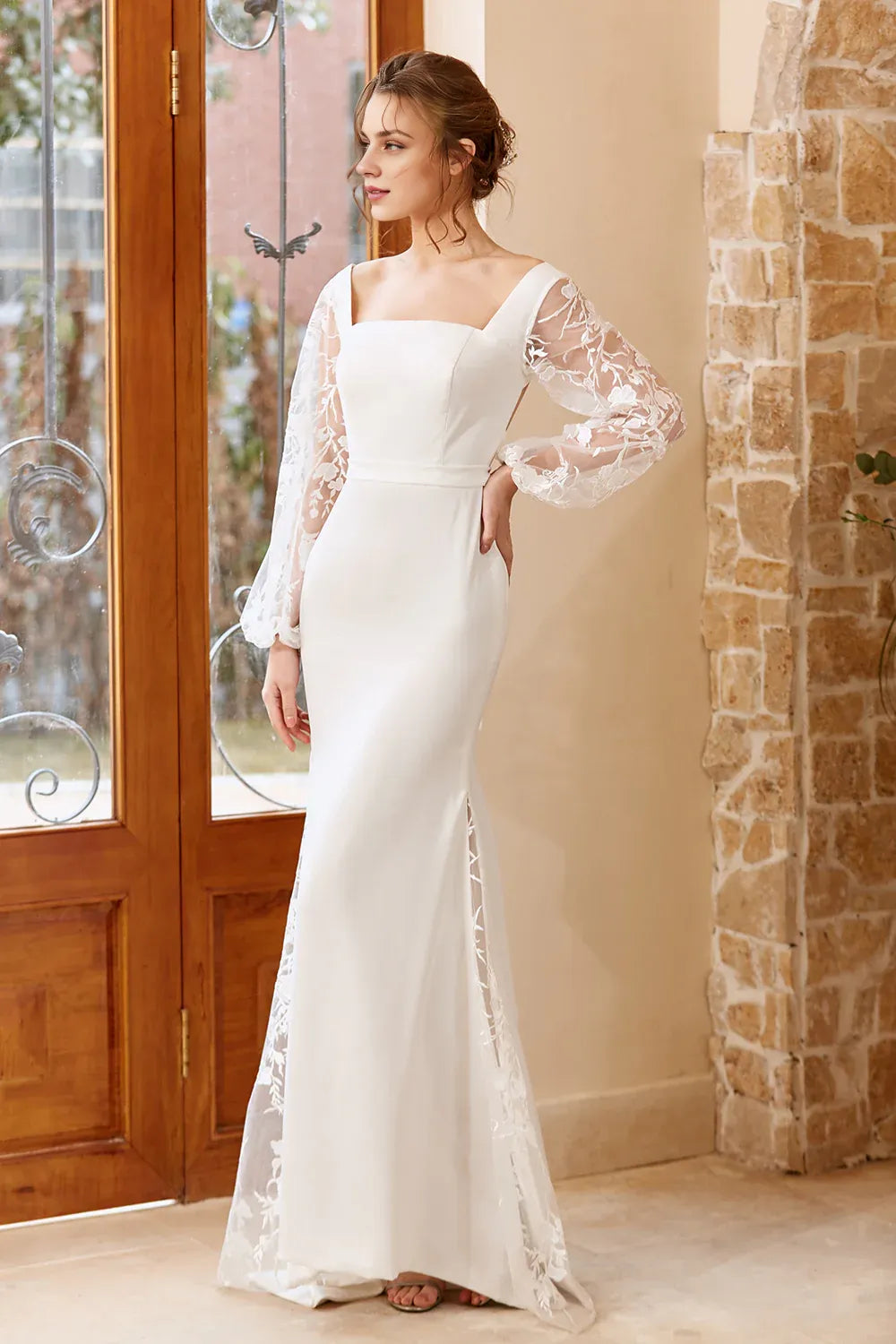 Mermaid Square Neck Long Sleeve Up Sweep/Brush Train Wedding Dress