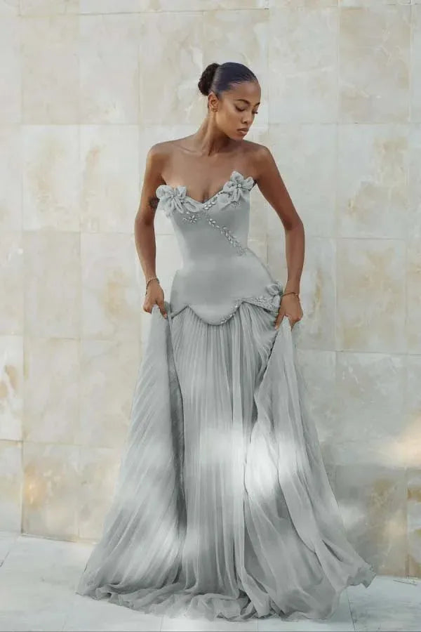 Elegant Mermaid Strapless Beaded Prom Dress With Crystal Embellishments Pleated Bodice For Prom Night