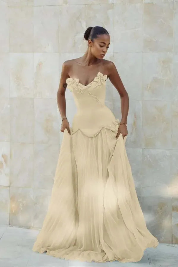 Elegant Mermaid Strapless Beaded Prom Dress With Crystal Embellishments Pleated Bodice For Prom Night