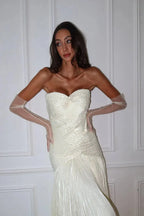Elegant Mermaid Prom Dress With Strapless Beaded Bodice And Pleated Ivory Floor Length For Prom