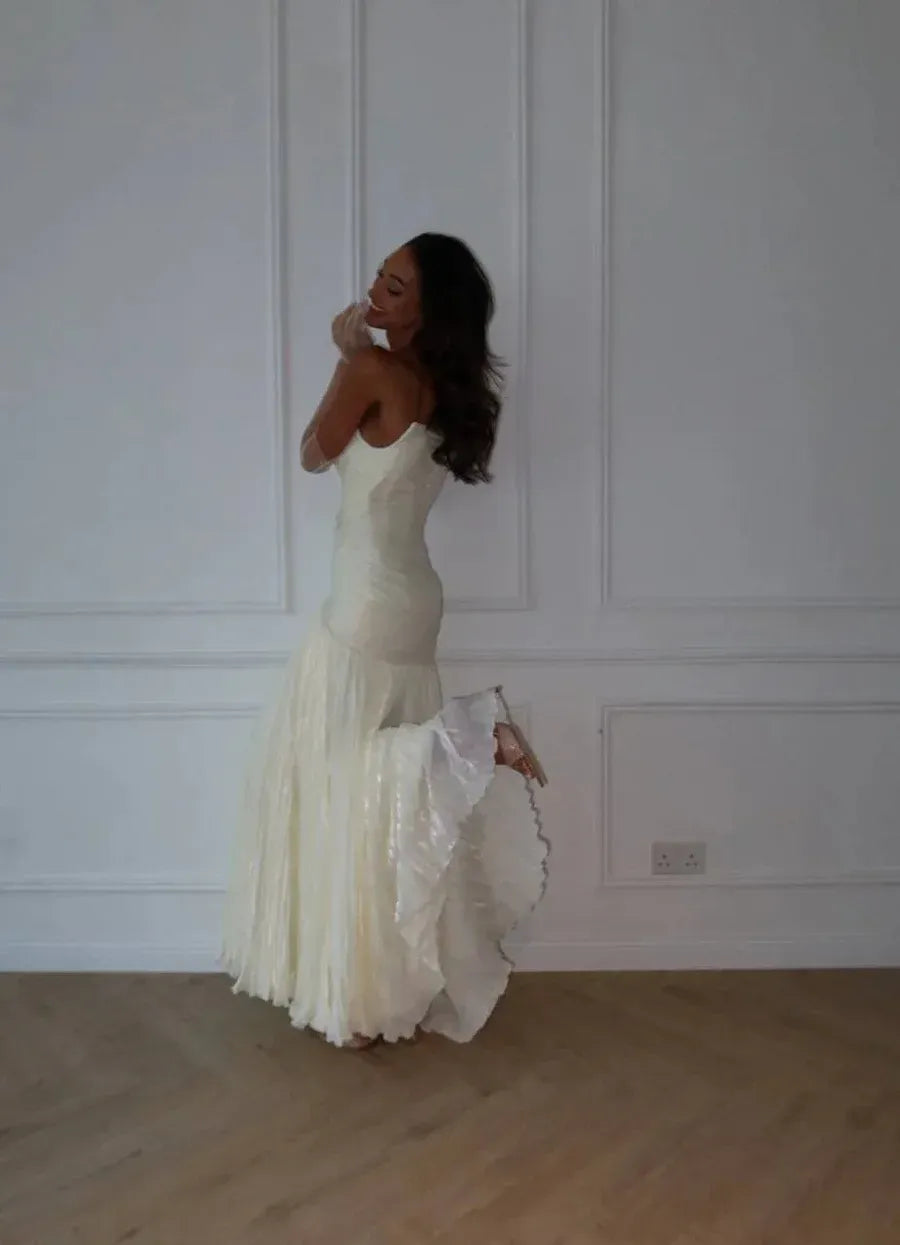 Elegant Mermaid Prom Dress With Strapless Beaded Bodice And Pleated Ivory Floor Length For Prom