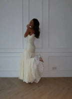 Elegant Mermaid Prom Dress With Strapless Beaded Bodice And Pleated Ivory Floor Length For Prom
