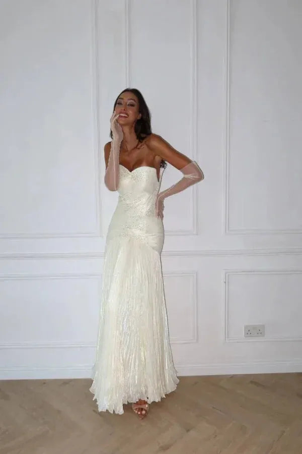 Elegant Mermaid Prom Dress With Strapless Beaded Bodice And Pleated Ivory Floor Length For Prom