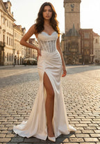 Elegant Mermaid Prom Dress Strapless Corset Bodice Sequin Appliques Ivory Satin Floor Length With Slit