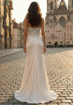 Elegant Mermaid Prom Dress Strapless Corset Bodice Sequin Appliques Ivory Satin Floor Length With Slit