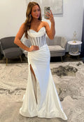 Elegant Mermaid Prom Dress Strapless Corset Bodice Sequin Appliques Ivory Satin Floor Length With Slit