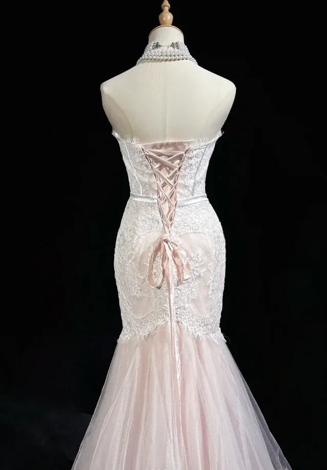 Mermaid Wedding Dress Blush Pink With Floral Lace Corset Bodice Strapless For Modern Bride Timeless Charm