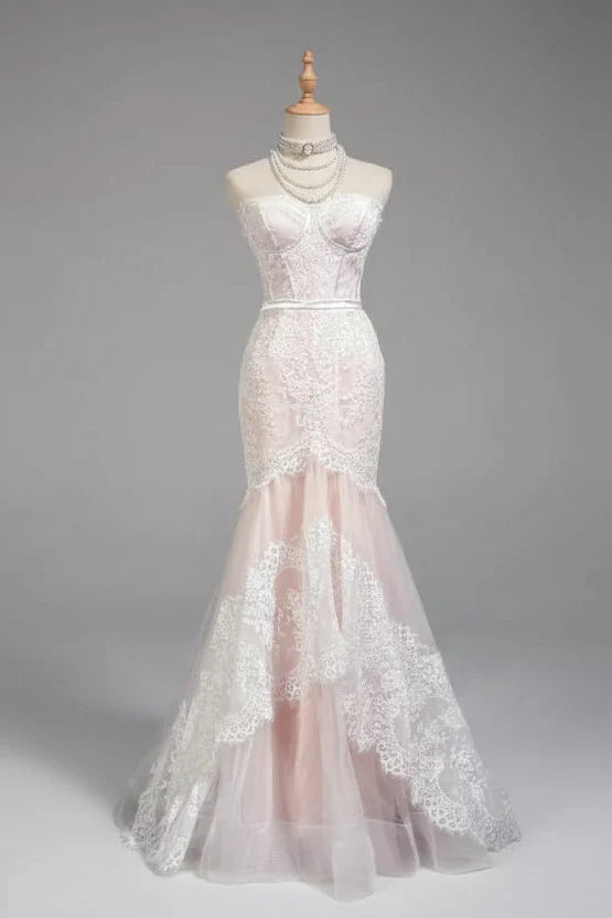 Mermaid Wedding Dress Blush Pink With Floral Lace Corset Bodice Strapless For Modern Bride Timeless Charm