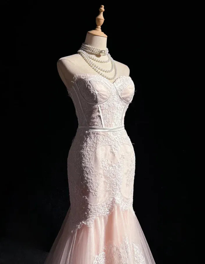 Mermaid Wedding Dress Blush Pink With Floral Lace Corset Bodice Strapless For Modern Bride Timeless Charm