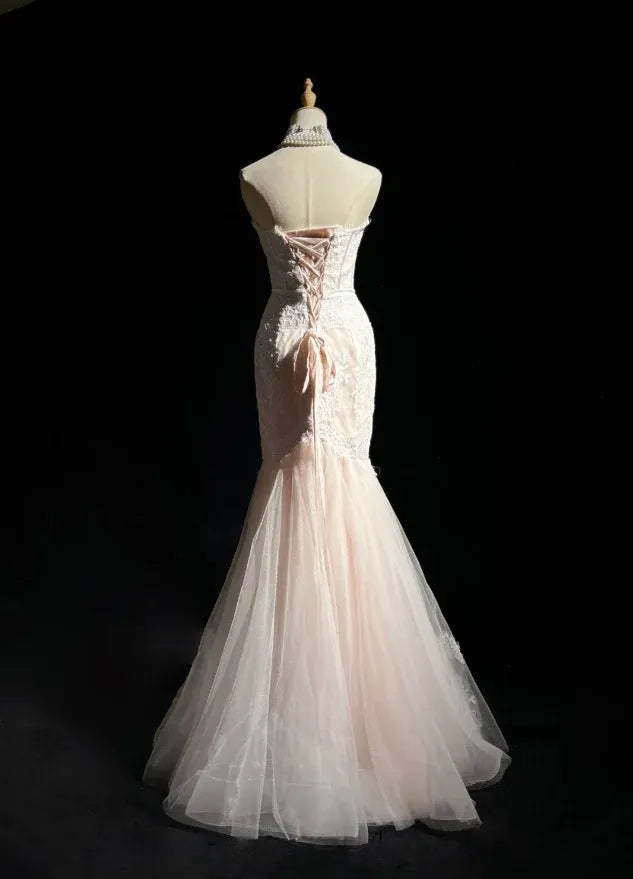 Mermaid Wedding Dress Blush Pink With Floral Lace Corset Bodice Strapless For Modern Bride Timeless Charm