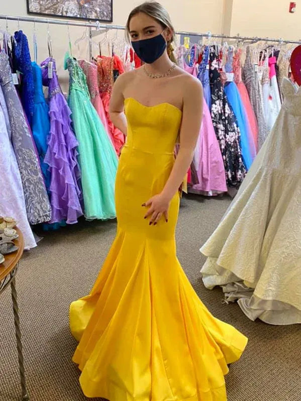 Yellow Satin Mermaid Prom Dress Strapless Sweetheart Neckline Floor Length Ready To Ship For Women