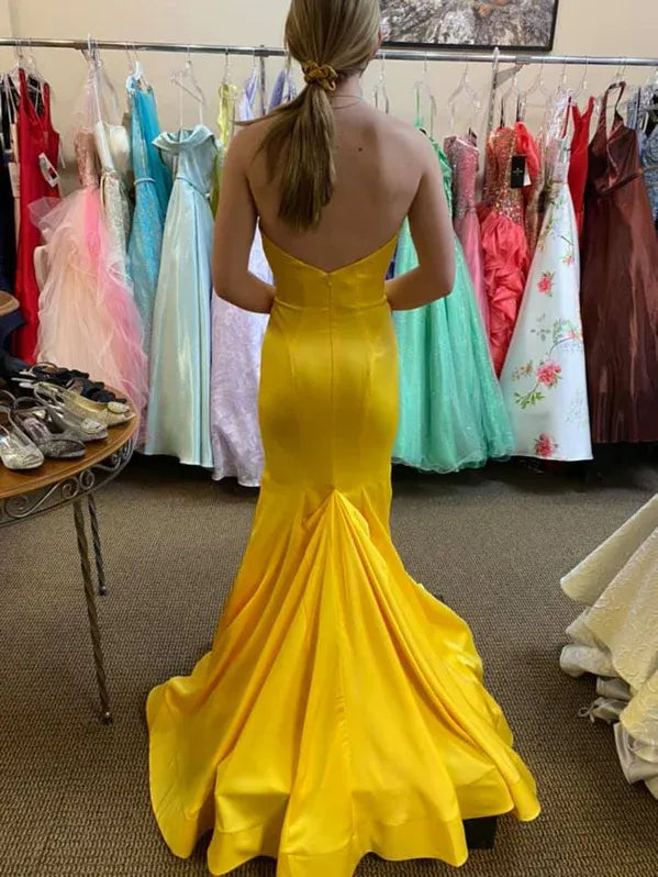 Yellow Satin Mermaid Prom Dress Strapless Sweetheart Neckline Floor Length Ready To Ship For Women