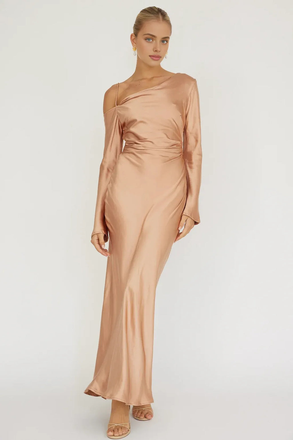 Mermaid/Trumpet Asymmetrical Neck Long Sleeve Backless Ankle-Length Prom Dress