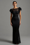 Mermaid/Trumpet Boat Neck Ruffles Sleeve V Back Floor-Length Evening Dress