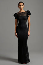 Mermaid/Trumpet Boat Neck Ruffles Sleeve V Back Floor-Length Evening Dress