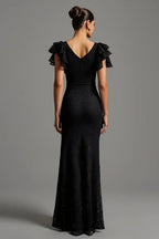 Mermaid/Trumpet Boat Neck Ruffles Sleeve V Back Floor-Length Evening Dress