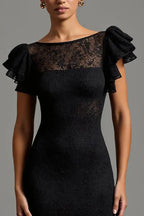 Mermaid/Trumpet Boat Neck Ruffles Sleeve V Back Floor-Length Evening Dress