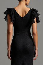 Mermaid/Trumpet Boat Neck Ruffles Sleeve V Back Floor-Length Evening Dress