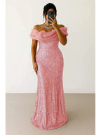 Mermaid/Trumpet Off Shoulder Sleeveless Sequins Sweep Train Prom Dress