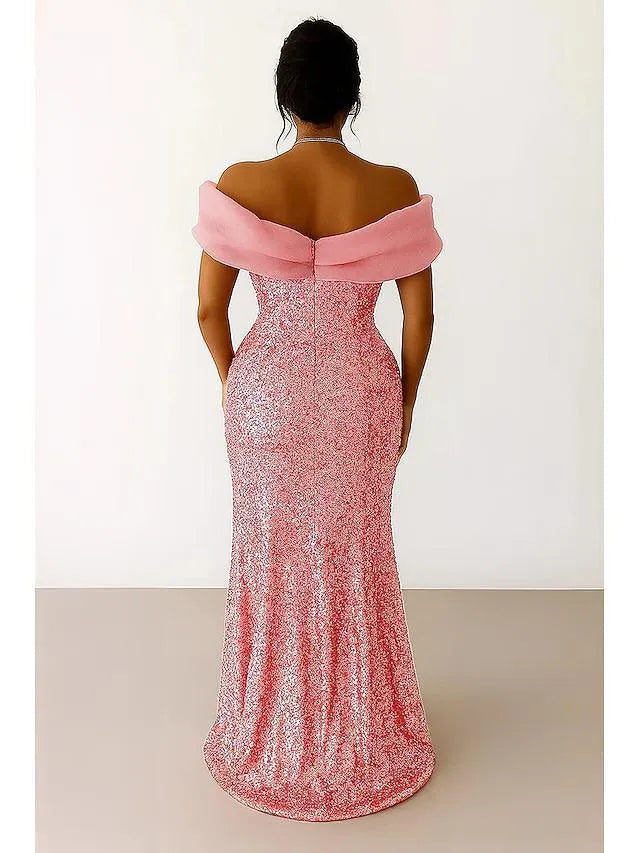 Mermaid/Trumpet Off Shoulder Sleeveless Sequins Sweep Train Prom Dress