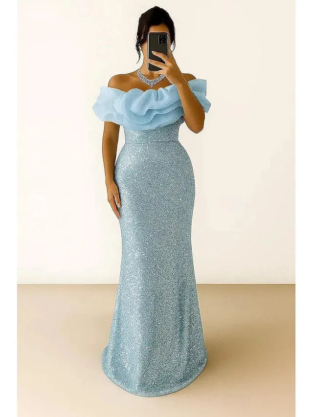 Mermaid/Trumpet Off Shoulder Sleeveless Sequins Sweep Train Prom Dress