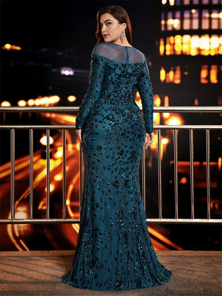 Mermaid/Trumpet Scoop Neck Long Sleeve Sequins Floor-Length Plus Size Prom Dress