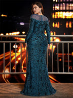 Mermaid/Trumpet Scoop Neck Long Sleeve Sequins Floor-Length Plus Size Prom Dress