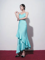 Mermaid Prom Dress Turquoise Satin V Neck Backless With Open Back Chain Detail For Modern Prom Queens