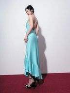 Mermaid Prom Dress Turquoise Satin V Neck Backless With Open Back Chain Detail For Modern Prom Queens