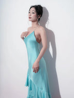 Mermaid Prom Dress Turquoise Satin V Neck Backless With Open Back Chain Detail For Modern Prom Queens