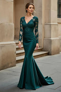 Mermaid V Neck Long Sleeve V Back Sweep/Brush Train Mother of the Bride Dress