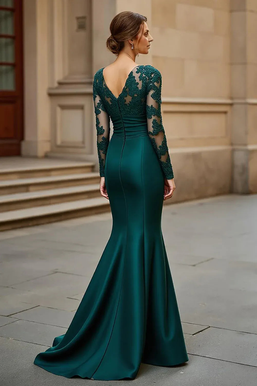 Mermaid V Neck Long Sleeve V Back Sweep/Brush Train Mother of the Bride Dress