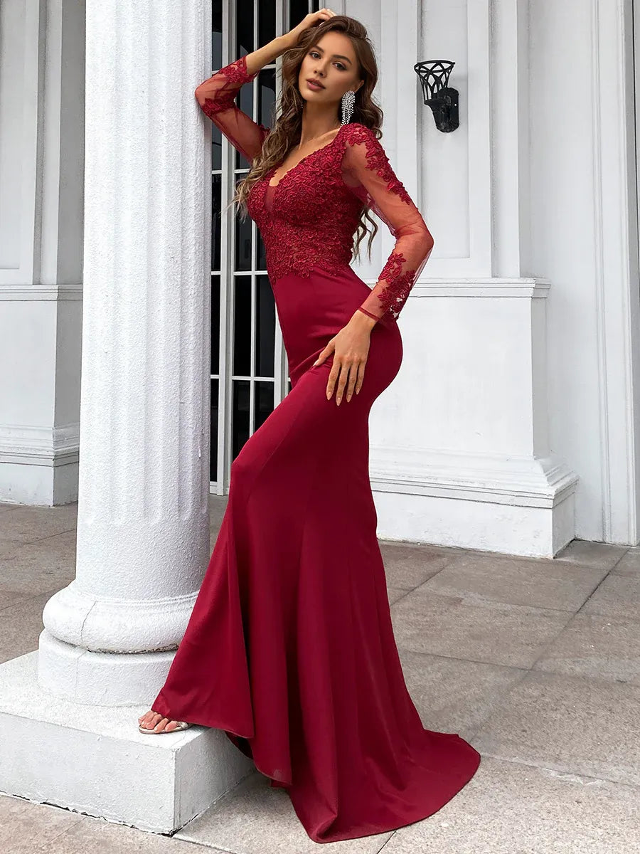 Mermaid V Neck Long Sleeve Zipper Up Sweep/Brush Train Prom Dress