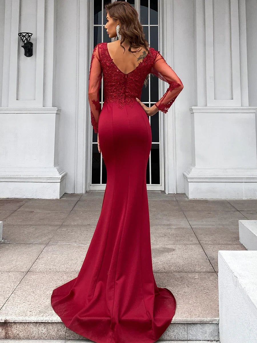 Mermaid V Neck Long Sleeve Zipper Up Sweep/Brush Train Prom Dress