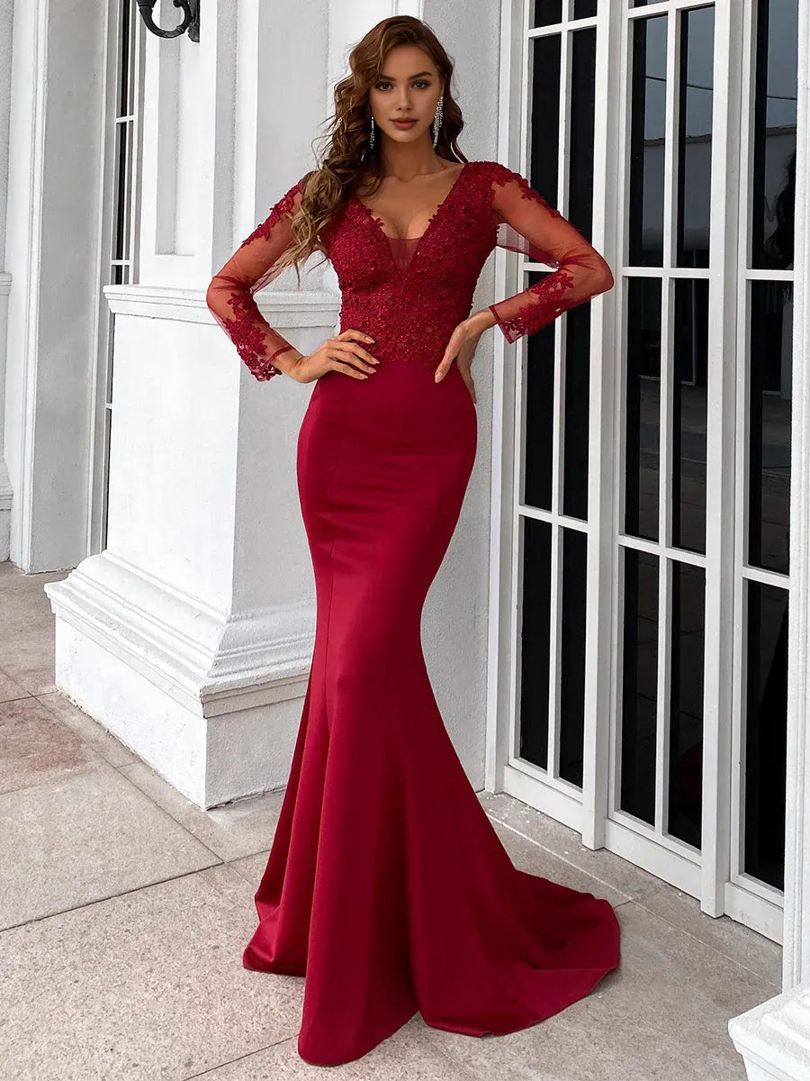 Mermaid V Neck Long Sleeve Zipper Up Sweep/Brush Train Prom Dress