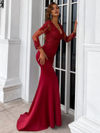 Mermaid V Neck Long Sleeve Zipper Up Sweep/Brush Train Prom Dress