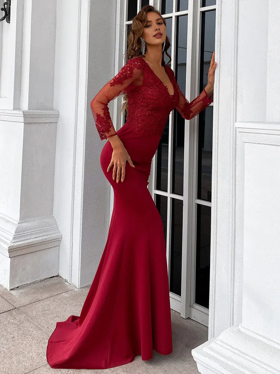 Mermaid V Neck Long Sleeve Zipper Up Sweep/Brush Train Prom Dress