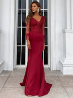 Mermaid V Neck Long Sleeve Zipper Up Sweep/Brush Train Prom Dress