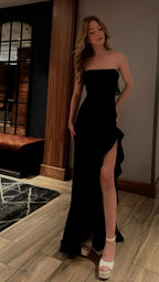 Mermaid Strapless Prom Dress With Flattering Ruffle Slit Black Floor Length For Glamorous Prom Queens