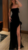 Mermaid Strapless Prom Dress With Flattering Ruffle Slit Black Floor Length For Glamorous Prom Queens