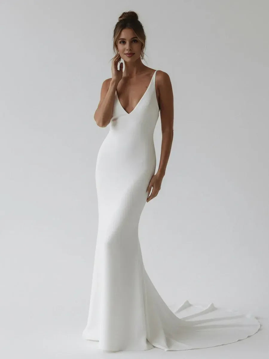 Mermaid V Neck Sleeveless Pleated Sweep Train Wedding Dress