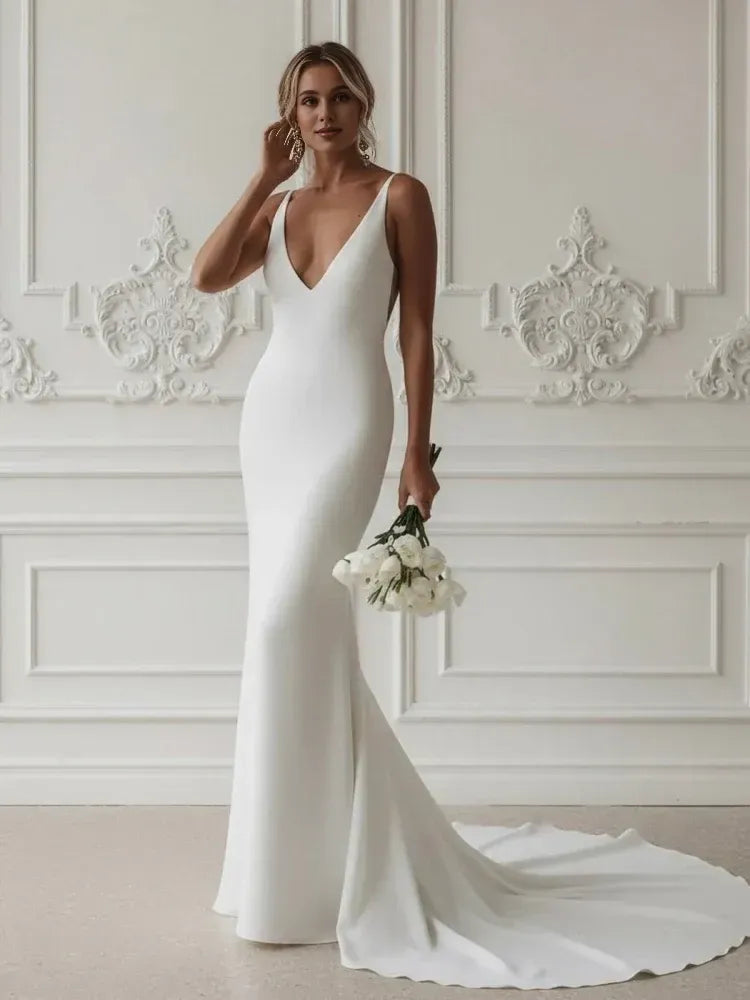 Mermaid V Neck Sleeveless Pleated Sweep Train Wedding Dress