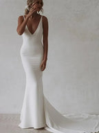 Mermaid V Neck Sleeveless Pleated Sweep Train Wedding Dress