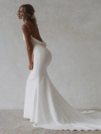 Mermaid V Neck Sleeveless Pleated Sweep Train Wedding Dress