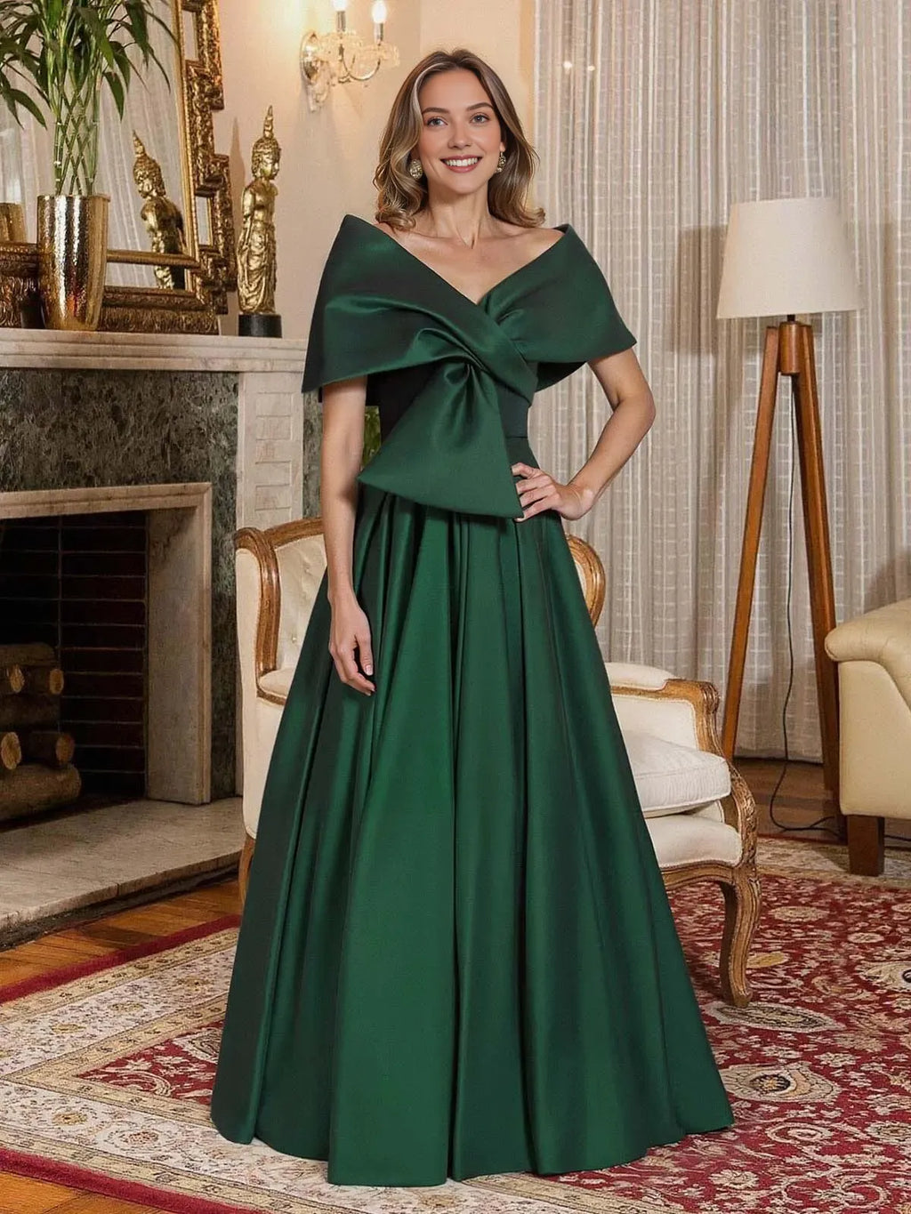 Off-The-Shoulder Sleeveless A-Line Pleated Floor-Length Evening Dress
