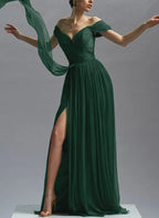 Off-The-Shoulder Sleeveless A-Line Slit Sweep Train Prom Dress