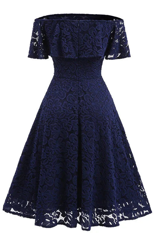 Navy Blue Lace Homecoming Dress For High School Girls With Off The Shoulder Ruffle Sleeves And Elegant A Line Silhouette