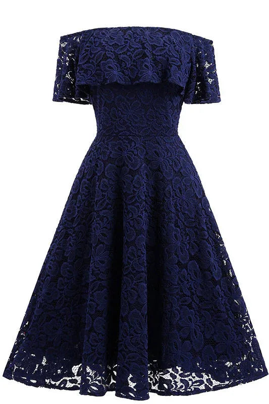 Navy Blue Lace Homecoming Dress For High School Girls With Off The Shoulder Ruffle Sleeves And Elegant A Line Silhouette